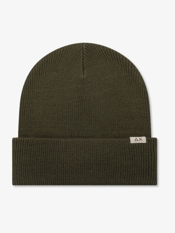 Sun68 Berretto beanie in misto lana a costine VERDE MILITARE  CON LOGO PATCH