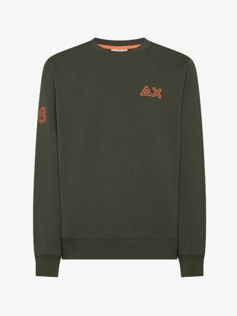 Sun68 Felpa girocollo  IN COTONE VERDE MILITARE con logo fluo
