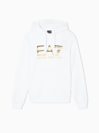 Emporio Armani Felpa con cappuccio Logo Series in cotone stretch BIANCO con maxi logo ORO