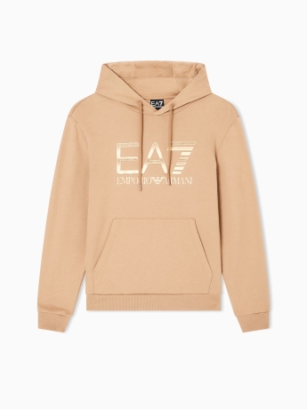 Emporio Armani Felpa con cappuccio Logo Series in cotone stretch BEIGE con maxi logo ORO