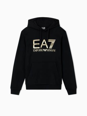 Emporio Armani Felpa con cappuccio Logo Series in cotone stretch NERO  con maxi logo ORO