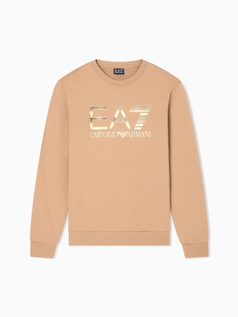Emporio Armani Felpa girocollo Logo Series in cotone stretch BEIGE con maxi logo ORO