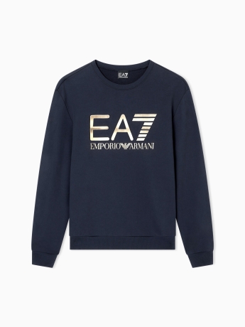 Emporio Armani Felpa girocollo Logo Series in cotone stretch BLU con maxi logo ORO