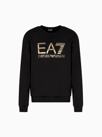 Emporio Armani Felpa girocollo Logo Series in cotone stretch NERO  con maxi logo ORO