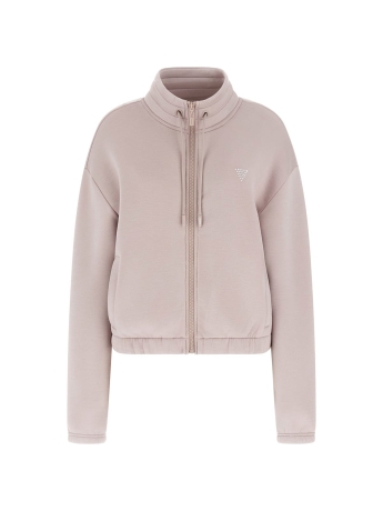 Guess felpa color rosa cipria a zip con collo alto e mini logo triangolo frontale e logo sul retro in strass