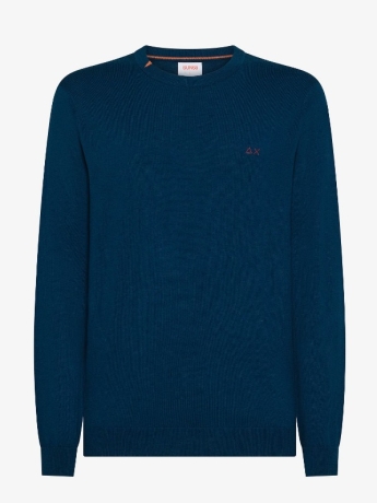 Sun68 Maglia girocollo in misto lana  BLU DENIM CON LOGO RICAMATO