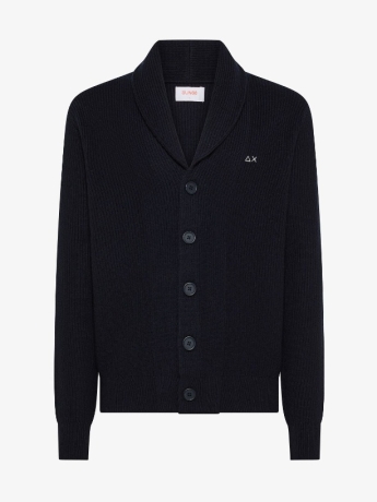 Sun68 Cardigan SCIALLE in lana e cashmere a coste INGLESE BLU CON LOGO RICAMATO