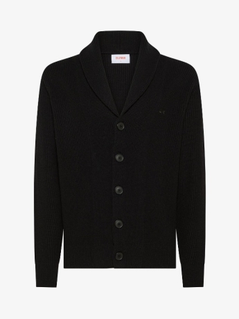 Sun68 Cardigan SCIALLE in lana e cashmere a coste INGLESE NERO CON LOGO RICAMATO