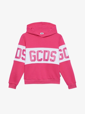 Gcds felpa  junior con cappuccio in cotone fucsia con  band logo bianco