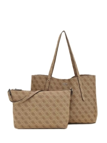 Guess borsa a spalla brenton tote 2 in 1 in ecopelle beige logo all over