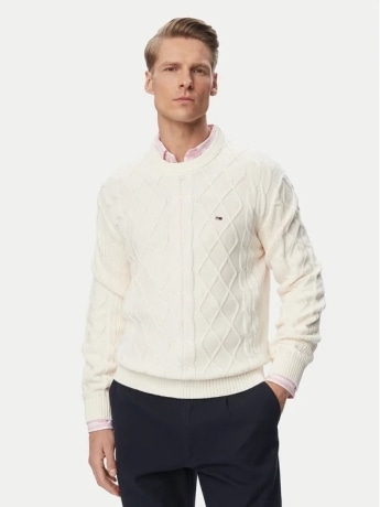 Tommy Hilfiger maglia girocollo uomo in cotone intrecciato bianco con logo