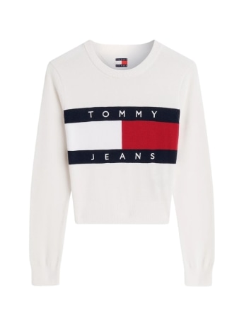 Tommy Hilfiger maglia donna girocollo in cotone bianco con maxi logo bandiera