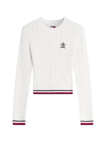 Tommy Hilfiger maglia donna in cotone bianco a trecce con dettagli logati