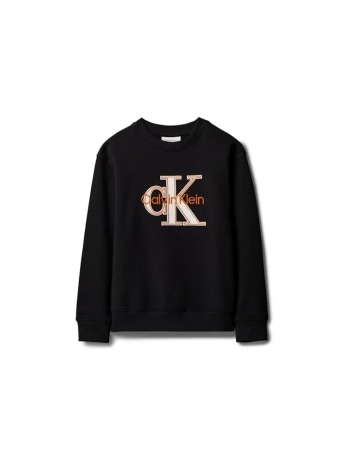Calvin Klein felpa girocollo kids/junior in cotone felpato nero con logo ricamato centrale