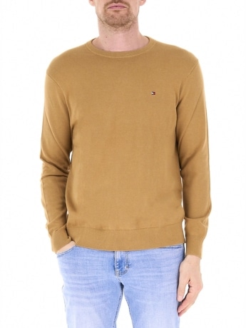 Tommy Hilfiger maglia uomo in cotone senape con ricamo logo bandierina
