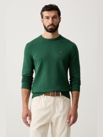 Tommy Hilfiger maglia uomo in cotone verde prato  con ricamo logo bandierina