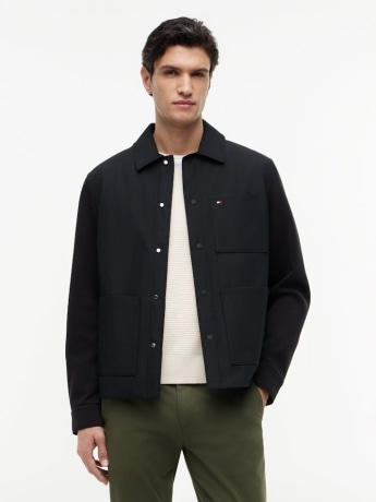 Tommy Hilfiger giubbotto uomo collo camicia in cotone nero con chiusura bottoni e logo