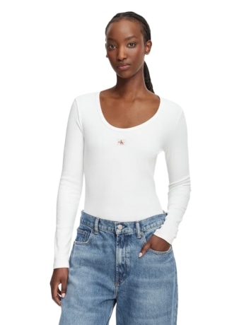 Calvin Klein blusa in cotone donna con manica lunga con patch logo bianco