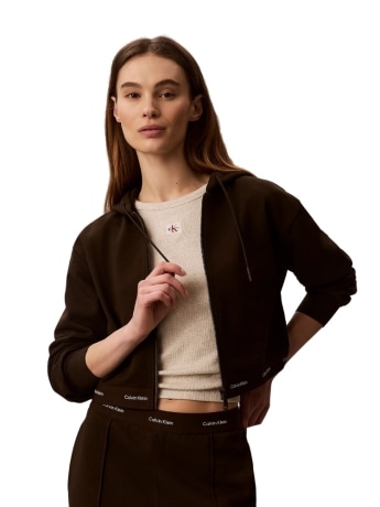 Calvin Klein felpa cropped in spugna di cotone marrone con zip e cappuccio con logo