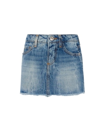 John Richmond minigonna junior in denim blu medio sabbiato con logo sul retro