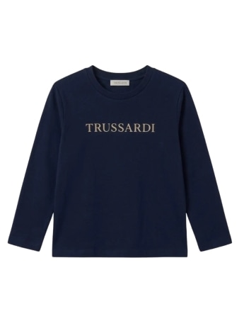 Trussardi t-shirt infant/kids manica lunga in cotone blu con logo lettering