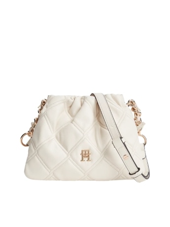 Tommy Hilfiger borsa a tracolla trapuntata bianco panna con placca logo monogram