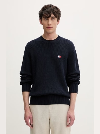 Tommy Hilfiger maglia girocollo uomo in cotone blu scuro con badge logo
