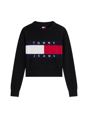Tommy Hilfiger maglia donna girocollo in cotone nero con maxi logo bandiera