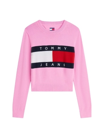 Tommy Hilfiger maglia donna girocollo in cotone rosa con maxi logo bandiera