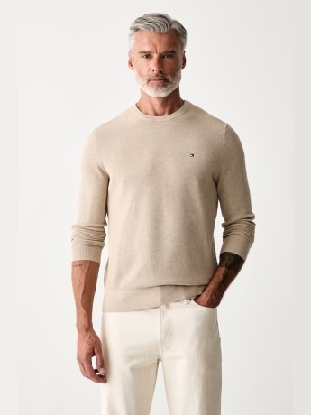 Tommy Hilfiger maglia girocollo uomo in cotone a nido d'ape beige con logo