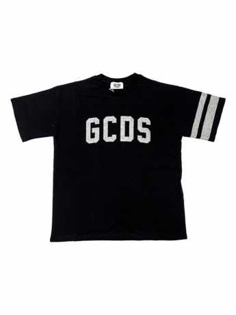 Gcds t-shirt kids/junior in cotone nero con logo grigio glitterato
