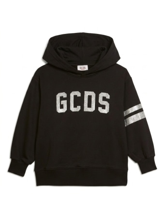 Gcds felpa kids/junior con cappuccio in cotone nero con logo silver