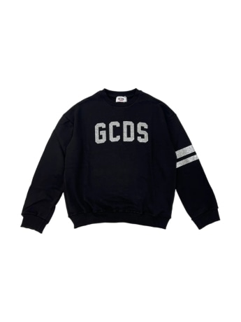 Gcds felpa girocollo kids/junior in cotone nero con logo grigio glitterato