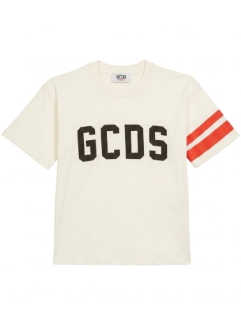 Gcds t-shirt unisex kids/junior in cotone bianco con logo nero e bande rosse