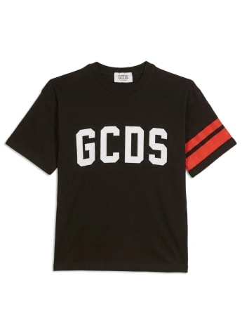 Gcds t-shirt unisex kids/junior in cotone nero con banda logo bianco e bande rosse
