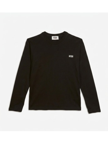 Gcds t-shirt kids/junior manica lunga in cotone nero con macro logo sul retro bianco