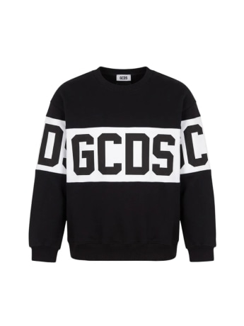 Gcds felpa girocollo kids/junior in cotone nero con band logo bianco