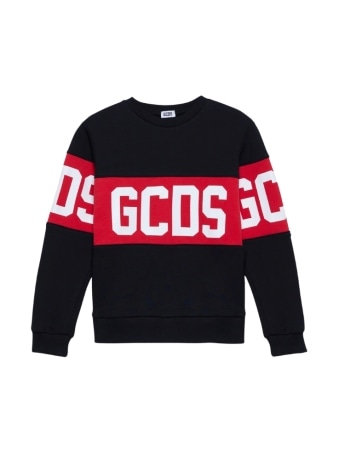 Gcds felpa girocollo kids/junior in cotone nero con band logo rosso