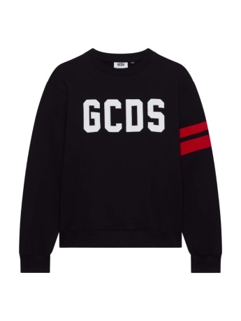 Gcds felpa girocollo kids/junior in cotone nero con bande rosse
