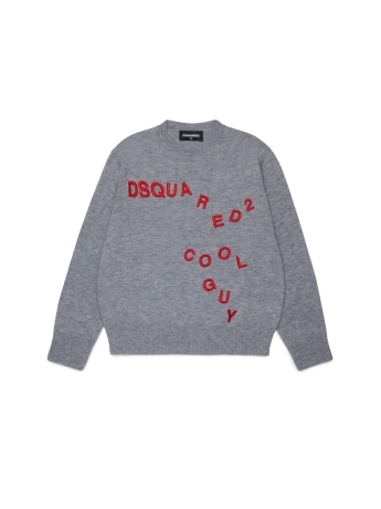 Dsquared maglia girocollo kids/junior in lana grigio con logo lettering scomposto