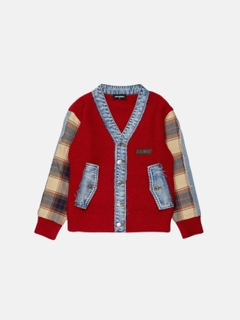 Dsquared cardigan junior in lana con dettagli in denim rosso