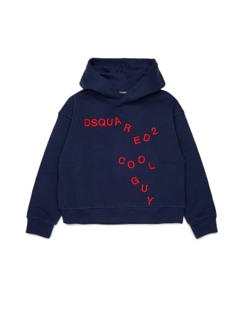 Dsquared felpa kids/junior con cappuccio in cotone blu e logo lettering scomposto