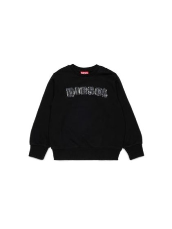 Diesel felpa girocollo kids/junior in cotone nero con logo lettering in denim