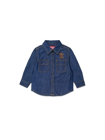 Diesel camicia infant in denim blu con logo ricamato