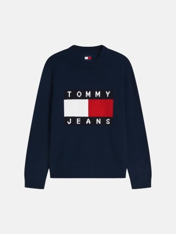 Tommy Hilfiger maglione a girocollo uomo blu scuro in cotone con maxi logo centrale