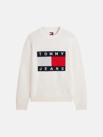 Tommy Hilfiger maglione a girocollo uomo bianco in cotone con maxi logo centrale