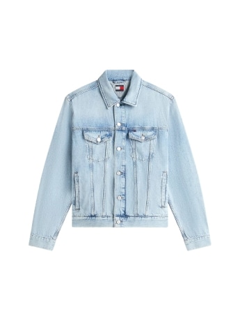 Tommy Hilfiger giacca in denim chiaro uomo con maxi bandiera sul retro