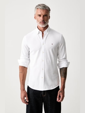 Tommy Hilfiger camicia uomo in piquet di cotone bianco con logo bandiera