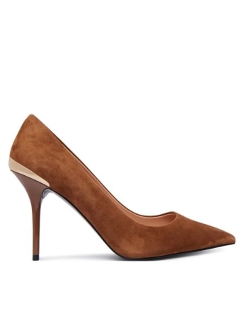 Moschino decolette a spillo in camoscio cognac con logo sul retro