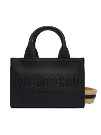Moschino borsa a mano nera con tracolla beige e logo in rilievo tono su tono